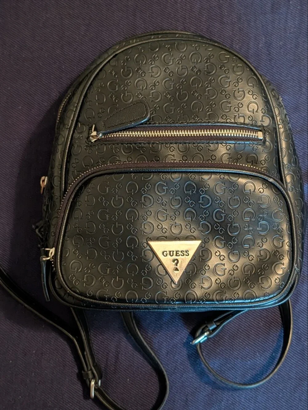 GUESS Black Embossed Logo Mini Backpack with Gold Accent